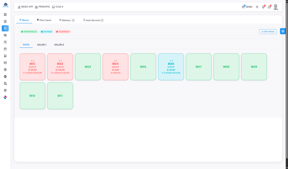 Control de mesas o autoservicio, para llevar, delivery
